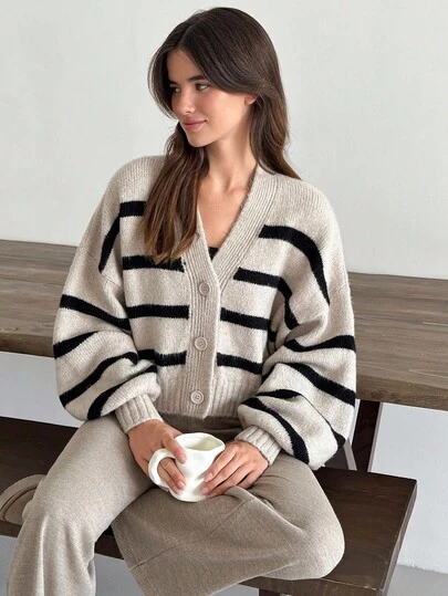EURMUSE Women's Casual Loose Fit Striped Drop Shoulder Long Sleeve Knitted Cardigan, Autumn Striped Cardigan Women Knit Cardigan Womens Knitwear Summer Cardigan Women Balloon Sleeve Cardigan Knitted Cardigan For Women Cardigan Sweater Button Up Cardigan Womens Cardigan
