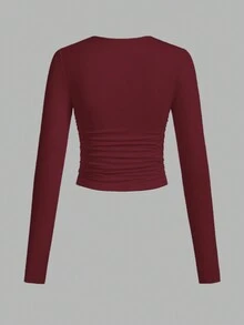SHEIN EZwear 3件套女士休闲纯色圆领褶皱长袖T恤，黑色、灰色、酒红色，秋冬 - 彩色 - 查看 9