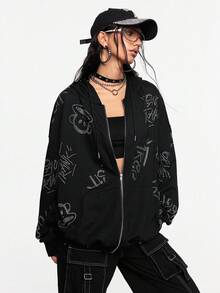 Paul Frank X ROMWE Áo hoodie cỡ lớn in logo toàn bộ đính đá Rhinestone trang trí phong cách đường phố - màu đen - Xem 2