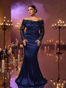 Glamrae Elegantes, luxuriöses Abendkleid in Marineblau mit Pailletten, Perlen und Stickerei, Off-Shoulder Design mit überlappender Büste, transparente Langarmdetails, geraffter Meerjungfrauensaum, geeignet für Abendveranstaltungen, Galas, Hochzeiten, Urlaub