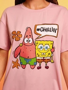 SpongeBob SquarePants | SHEIN 女式字母与卡通图案圆领短袖T恤 - 粉色 - 查看 5