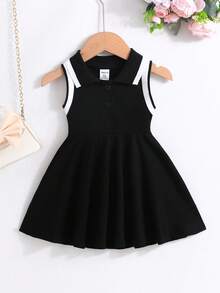 SHEIN Baby Girl Striped Sleeveless Dress With Ruffled Collar For Summer - Black - View 6