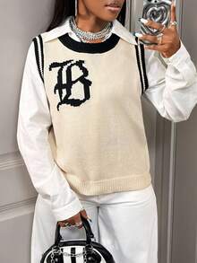 BamGleam Women's Knit Vest, Black & Beige Color Block, Sleeveless, Round Neck, Loose, Casual, Street Style - Apricot - View 7