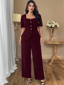 Auvina 大码女装休闲优雅方领纯黑色别致通勤衬衫外套+腰部收紧设计宽松长款直筒裤时尚休闲套装，高端阔腿裤 - 酒紅色 - 查看 6