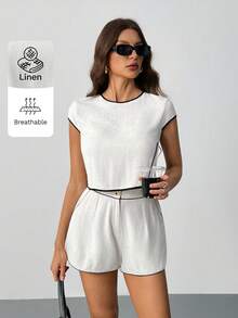 SHEIN Tall Women's Solid Color Contrast Trim Linen 2 Pieces Short Sets,White And Black Summer Chic Vacation Holiday Lounge Outfit,Ladies Layering 2pcs Short Set - Apricot - View 5