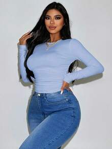 Zolique Women's Casual Everyday Solid Color Long Sleeve Ruched Fitted Cropped T-Shirt, Spring/Autumn - Blue - View 5