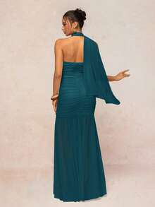 Lumalex Halter Neck Chiffon Flowy Ruched Bust Padded Bodycon Dress For Women - Teal Blue - View 2