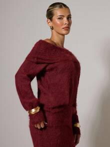 Women's Elegant Off Shoulder Long Sleeve Sweater And Knitted Midi Skirt 2 Pieces Set, Suitable For Daily Commute, Autumn/Winter Christmas 2 Piece Sets - Red - View 6