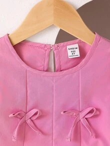 SHEIN Playful Pals 2件套少女时尚甜美蝴蝶结装饰上衣+阔腿裤套装，春秋 - 玫紅色 - 查看 6