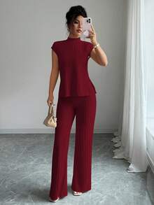 Elenzga 2 piezas Conjunto de top y pantalones acanalados de unicolor elegante y casual para mujer - Burdeos - Ver 3
