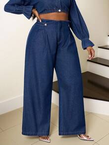 Slaydiva Plus Size Women's Casual City Office Jeans Pants  Autumn Loose Wide-Leg Jeans - Dark Wash - View 3