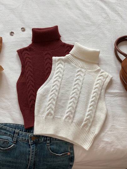 Comfortcana 2pcs/Set Solid Color Turtleneck Casual Versatile Sleeveless Pullover Knit Sweater,Fall Sweater Vest For Women Turtle Neck Women Knit Tops