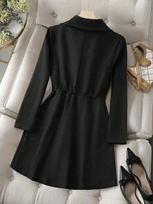 Franclia 女式优雅仿麂皮抽绳领长袖夹克，秋冬 - 黑色 - 查看 2