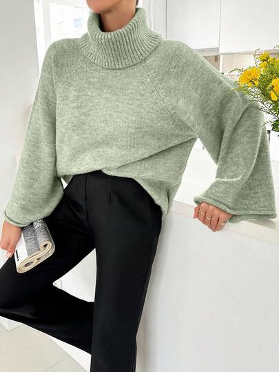 EURMUSE Knitwear Oversize Folded Neck Pullover With Raglan Sleeve