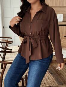 Weeklong Camisa casual de mujer de talla grande de unicolor, de manga larga, de una sola hilera de botones y con bolsillo - Café integral - Ver 4