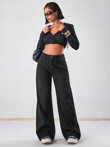 EURMUSE WOMEN CLASSIC HIGH WAIST WIDELEG BLACK WASH DENIM JEAN BACK LABEL AND RİVET - Black - View 5
