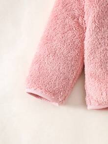 SHEIN 女婴可爱熊耳朵羊毛两件套，柔软温暖的秋冬连帽服装 - 粉色 - 查看 3