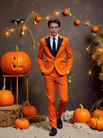 SHEIN 2pcs/Set Teen Boy Gentleman Suit, Includes High-End Collared Blazer Jacket And Quality Dress Pants, Elegant, High-End Suit Set For Halloween Party, Gala, Performance, Host, Wedding Season, Birthday, Wedding, Wedding Guest, Pageboy, Ring Boy,Halloween Fall Winter