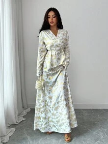 SHEIN Raffinéa Bộ áo và chân váy buộc nơ bất đối xứng họa tiết hoa - trắng - Xem 3