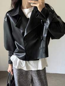DAZY Women's Casual Loose PU Leather Lapel Long Sleeve Jacket, Autumn Y2k Women Coats