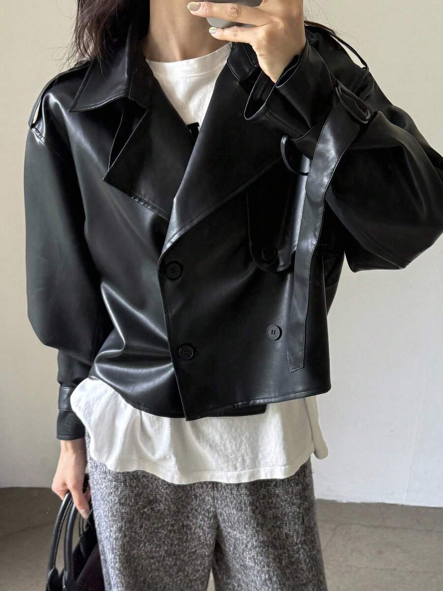 DAZY Women's Casual Loose PU Leather Lapel Long Sleeve Jacket, Autumn Y2k Women Coats