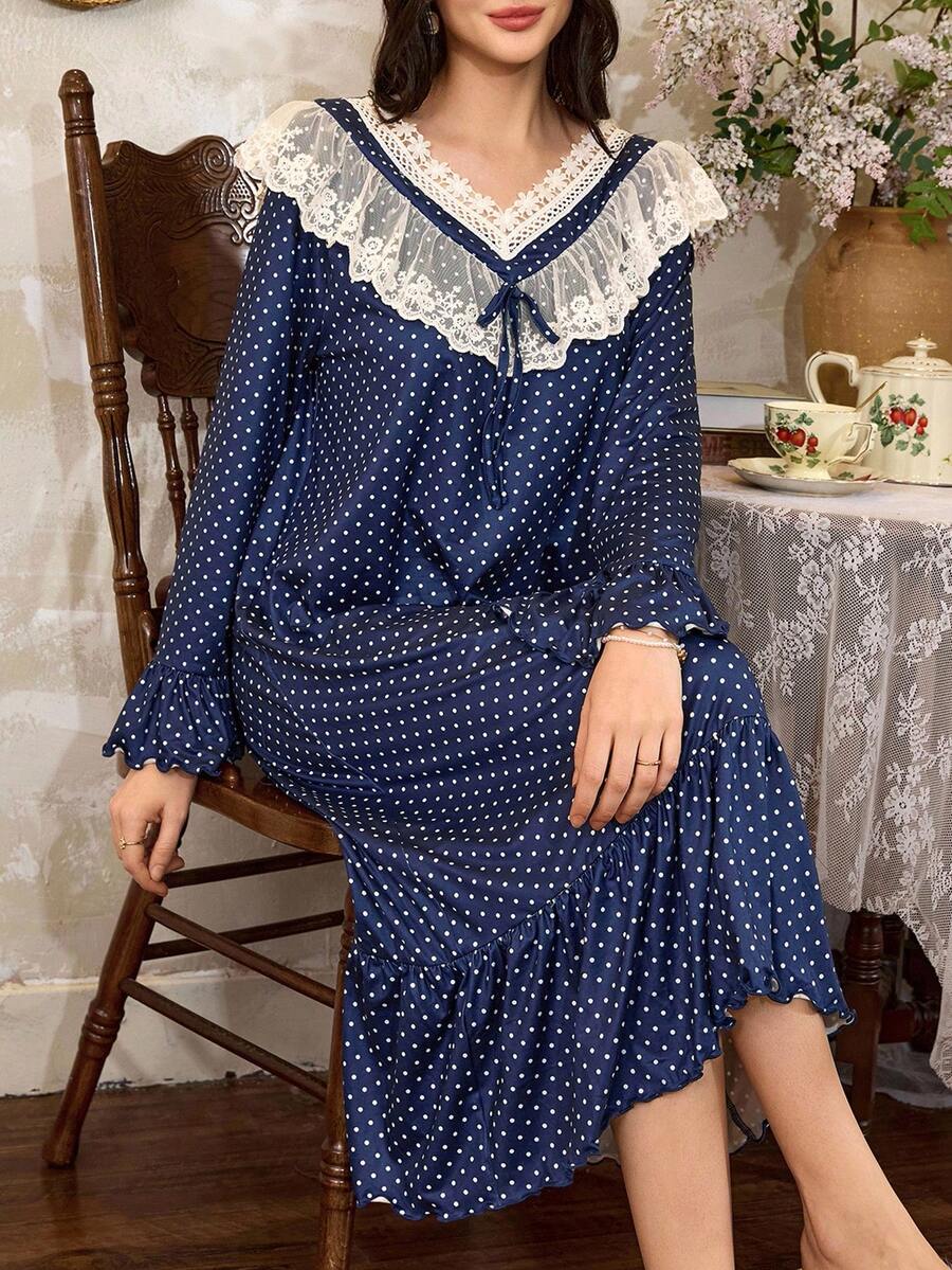 French Polka Dot Lace Contrast Ruffle Trim Women's Nightgown, Fall - Multicolor - View 1
