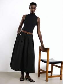 Maija 2025夏季新款黑色高腰褶裥侧袋PU皮可拆卸金属腰带半身裙，优雅百搭，适合派对和办公通勤。