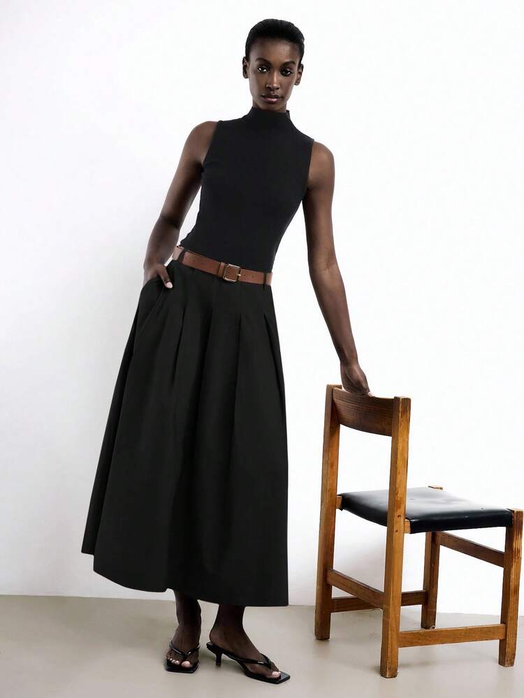 SHEIN Maija New Spring/Summer Black Pleated Side Pocket PU Leather Metal Belt Detachable Hem A-Line Skirt, Elegant Office Wear