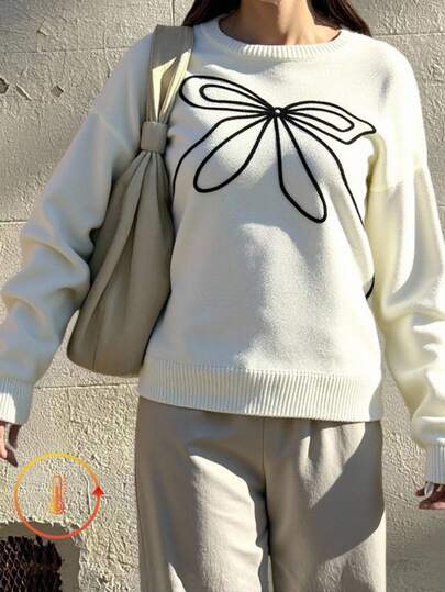 EURMUSE Plus Size Embroidery Bow Detail Drop Shoulder Oversize Sweater