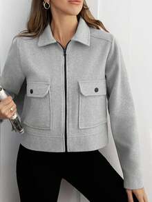 EURMUSE 1 Áo khoác nữ tay dài màu xám có khóa kéo, túi thường ngày, kiểu dáng áo khoác ngoài thanh lịch - Xám - Xem 3