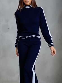 CasuGlow Women Stripe Hem Detailed High Neck Drop Shoulder Pullover & Sweater Pants Set Back To School Y2k Fall Women Clothes,Petite Co Ord,Co Ord,Petite - Navy Blue - View 1