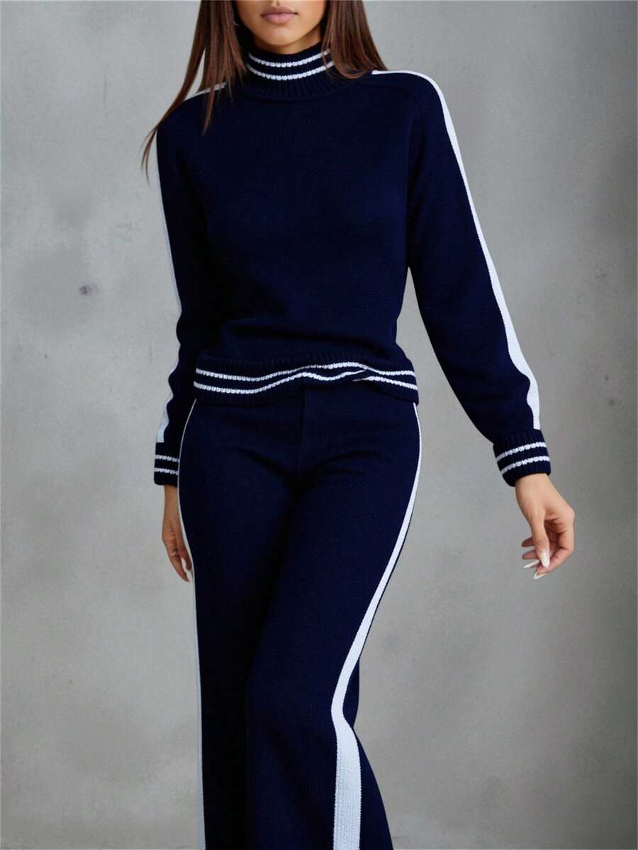CasuGlow Women Stripe Hem Detailed High Neck Drop Shoulder Pullover & Sweater Pants Set Back To School Y2k Fall Women Clothes,Petite Co Ord,Co Ord,Petite - Navy Blue - View 1