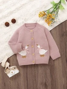 SHEIN Cute Pink Baby/Toddler Girl Cardigan: Round Neck Long Sleeve Duck Embroidery Fashion Jacket Pink Baby Girl Cardigan Baby Girl Sweater With Geese Baby Girl Cardigan Sweater Baby Girl Duck Sweater Baby Girl Goose Sweater Goose Baby Cardigan Fall Winter Baby Girl Cute Sweater Jacket Goose Baby Outfit New Born Cardigans Duck Toddler Clothes Girl