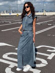 DAZY 女士单排扣短袖外套和口袋中长裙休闲两件套，秋冬款 - 淺色水洗藍 - 查看 2