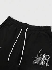 ROMWE MEN Street Life Men's Rhinestone Decor Drawstring Waist Spider Web Wide Leg Sweatpants