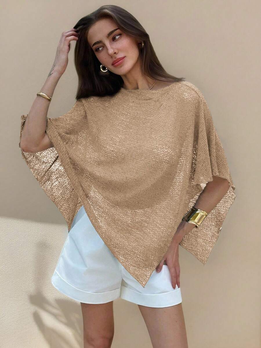 Aloruh 新款时尚杏色多功能针织提花镂空连体露背披肩领多穿度假风轻薄罩衫