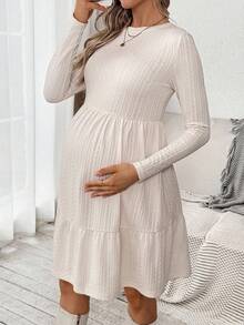 SHEIN Maternity Autumn Clothes White Solid Color Round Neck Long Sleeve Ruffle Hem Casual Dress Pregnancy Bump Friendly Photoshoot Beige Fall Clothes - Apricot - View 3