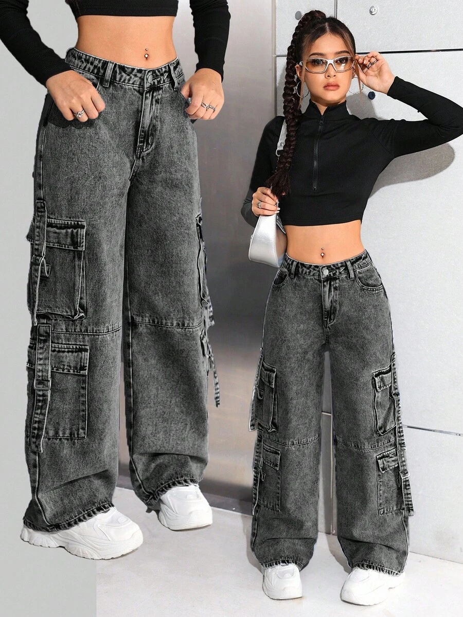 SHEIN 青少年女孩 Y2K 时尚石洗高腰宽松直筒工装牛仔裤，带实用口袋，百搭款式，女孩冬季服装街头服饰 - 灰色 - 查看 1