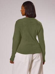 MUSERA 大码纽扣修身长袖上衣，春季优雅高贵度假可爱浪漫90年代Y2K派对节日款 - 軍綠色 - 查看 2