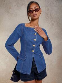 COSMINA Chemisier en denim à manches longues, col carré, simple boutonnage, pour femmes