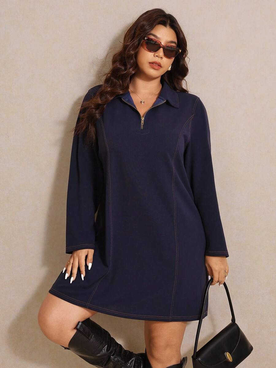 Elaquor Váy dài màu xanh navy tối giản, rộng rãi, có khóa kéo nửa thân dành cho nữ, mùa thu