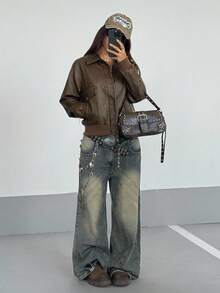 StreetHx Solid Color Zip-Up Casual Versatile Stand Collar Long Sleeve Jacket