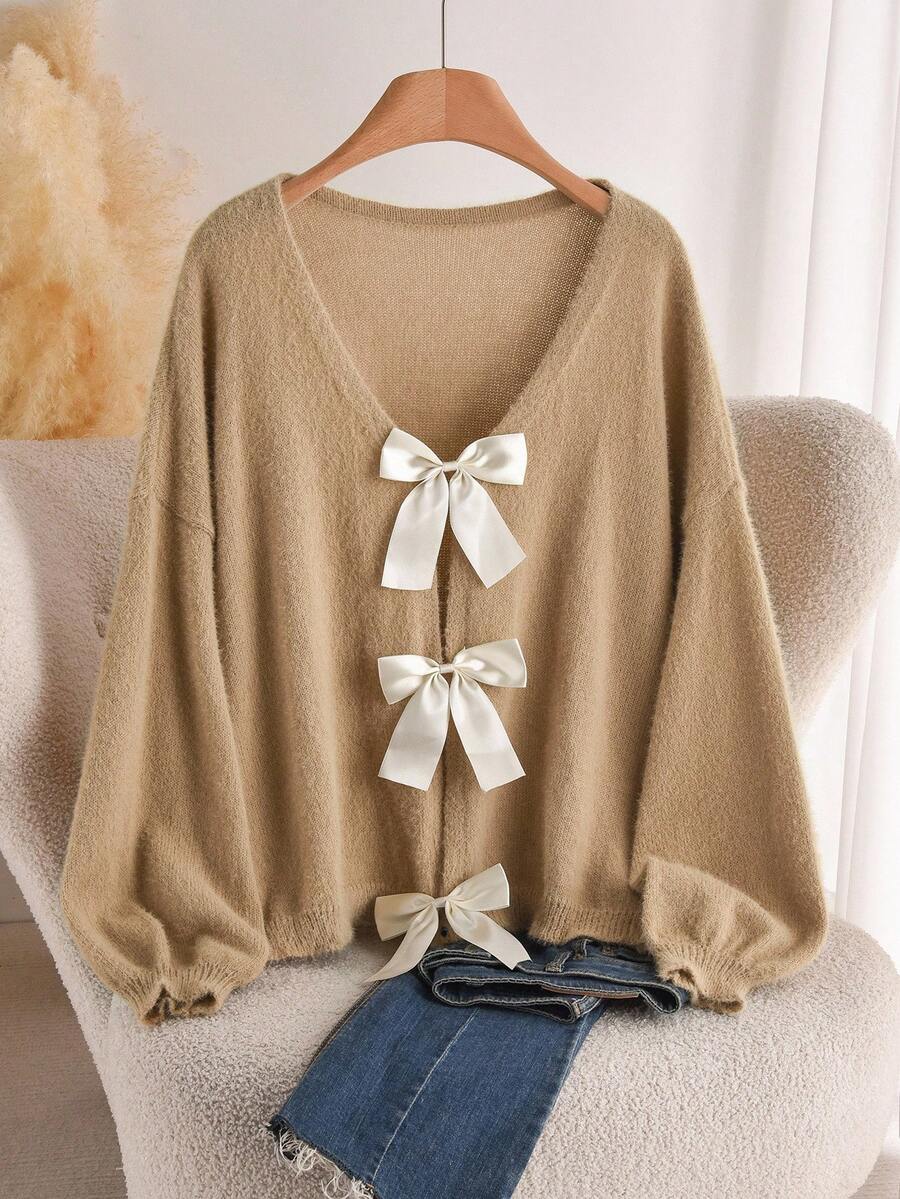 CosyJoli Áo len dài tay trễ vai dáng rộng, thắt nơ sau lưng cỡ lớn dành cho nữ, mùa thu - Màu be - Xem 1