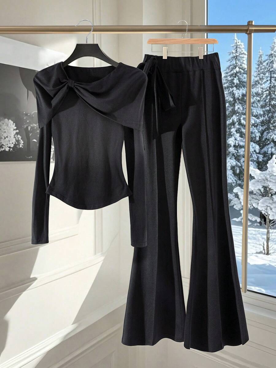 Franclia 2 piezas Conjunto de top de manga larga y pantalones de unicolor minimalista para mujer