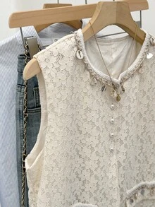 SHEIN Frenchy Áo khoác không tay nữ màu trơn, kiểu dáng thường ngày, có họa tiết ren và mặt dây chuyền, thích hợp cho mùa thu/đông. - trắng - Xem 4