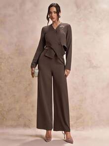 Modelyn Women's Elegant Business Suit, Jacket And Pants Set In Fall/Winter - Brown - View 4