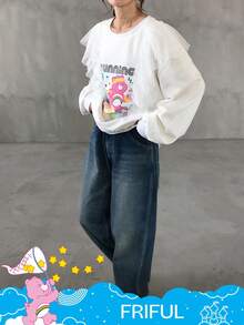 FRIFUL SHEIN X Care Bears 女士圆领撞色网眼拼接宽松卡通图案前长袖休闲T恤 - 白色 - 查看 7