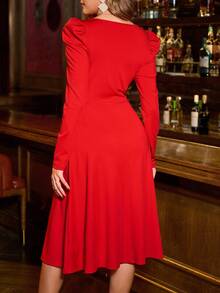 SHEIN Clasi Women's Elegant V-Neck High-End Slimming Red Long Sleeve A-Line Mid-Length Dress, Autumn Red Long Sleeve Dress Red Midi Dress Red Elegant Dress Women French Style Dress Firerie Women Dress Christmas Party Dress Christmas