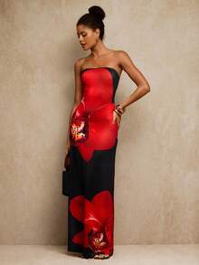 Travachic Elegant Floral Print Beaded Decor Tube Dress,Black And Red Strapless Summer Party Dress For Women,Luxury Prom Graduation Wedding Guest Outfits - Black - View 5
