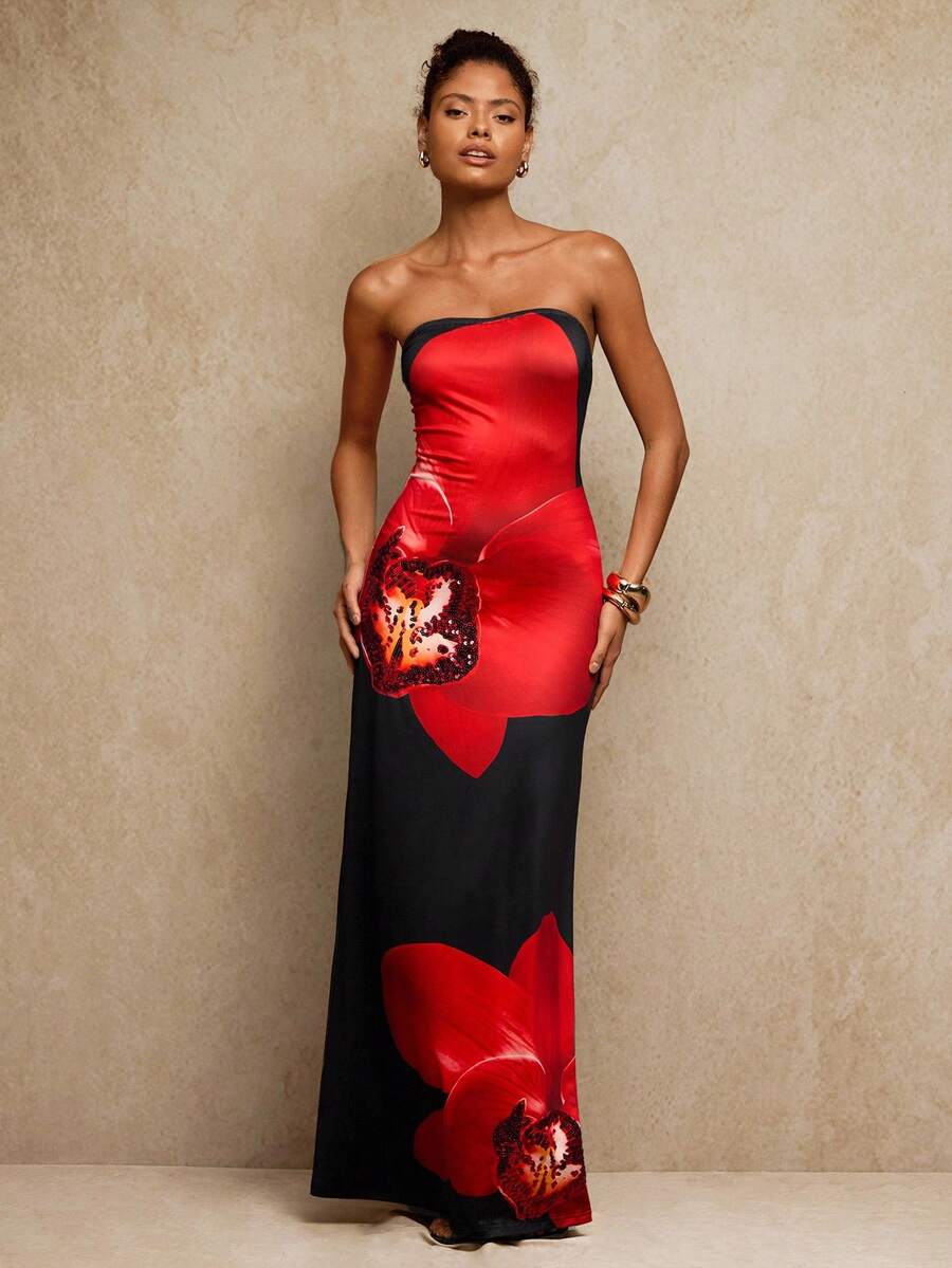Travachic Elegant Floral Print Beaded Decor Tube Dress,Black And Red Strapless Summer Party Dress For Women,Luxury Prom Graduation Wedding Guest Outfits - Black - View 1